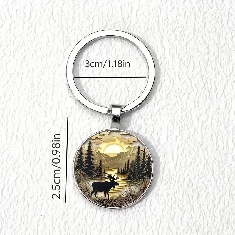 Mountain Sunset Stained Glass Art Keychain, Nature Scene Design, Round Pendant (Moose and Sunrise)
