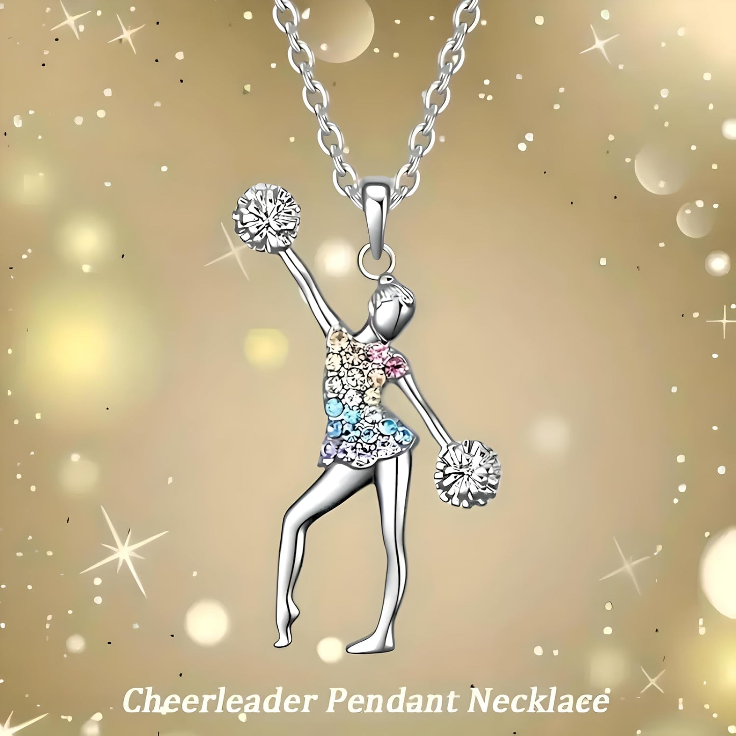 Cheerleader Jewelry Set with Crystal Pendant Necklace, Bracelet, Earrings and Keychain, Silver