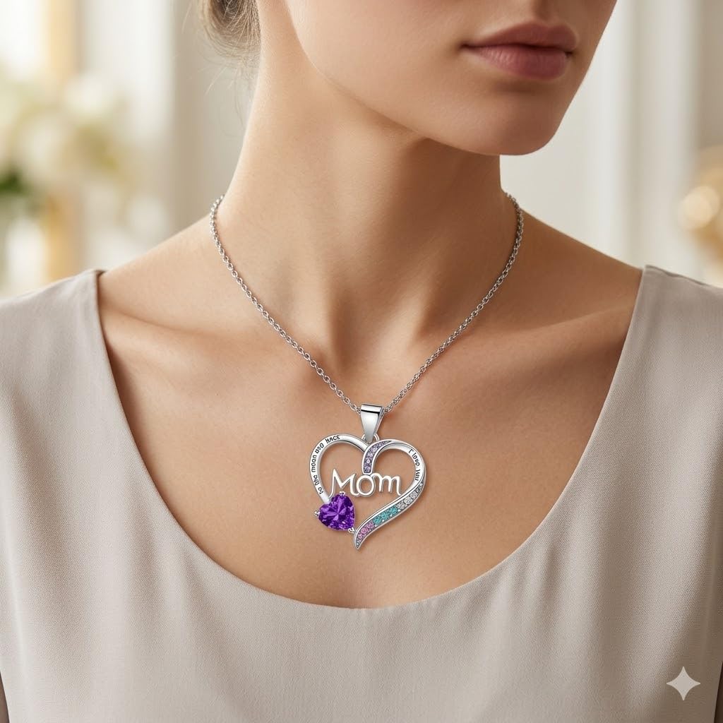 SUPAC Heart Mom Necklace, Sterling Silver Crystal Pendant with Pink Heart Stone, I Love You to the Moon and Back - Mother's Day Gift
