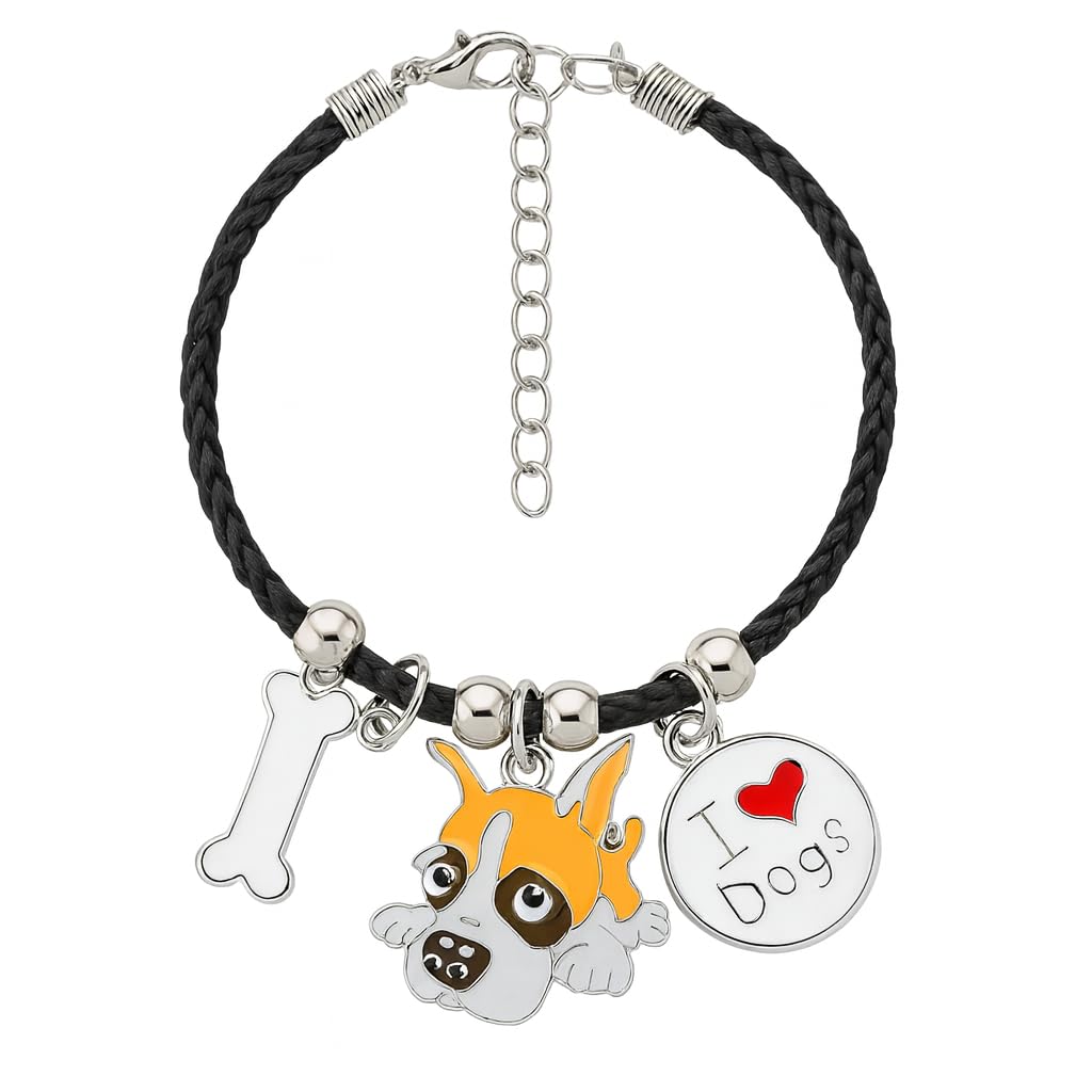 Pet Charm Bracelet with Dog Charms, Black Braided Band, I Love Dogs Design - Dog Lovers' Bracelet - Different Breeds of Dogs, Pet Lover Gift for Birthday and Holiday, Durable and Long-Lasting, Hypoallergenic and Nickel-Free, Everyday Wear (Boxer)