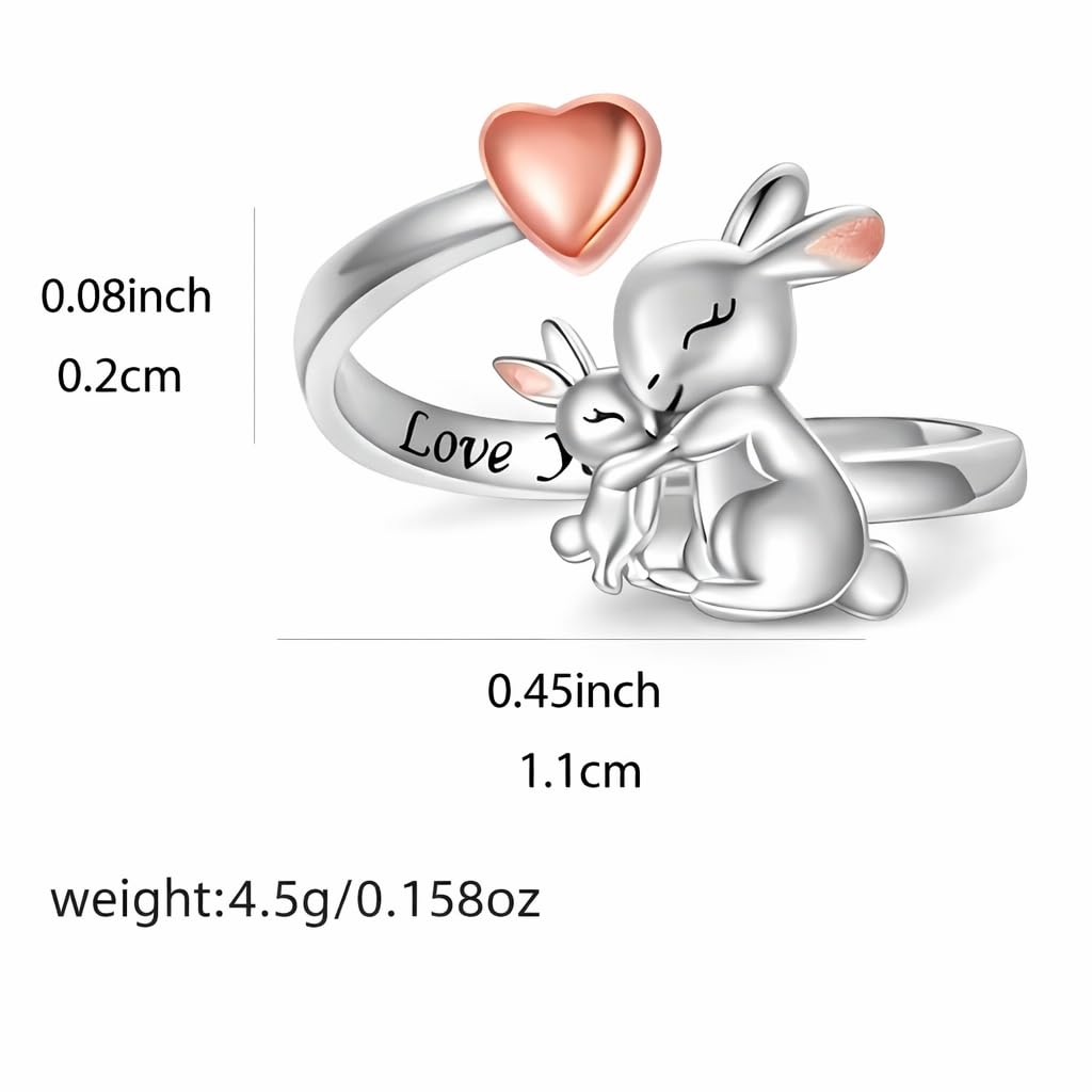 Silver Mom Daughter Adjustable Animal Ring Love Heart Animal Rings Jewelry Mother's Day Gifts for Women Wife Nana 6+ Variaitons (Rabbit)