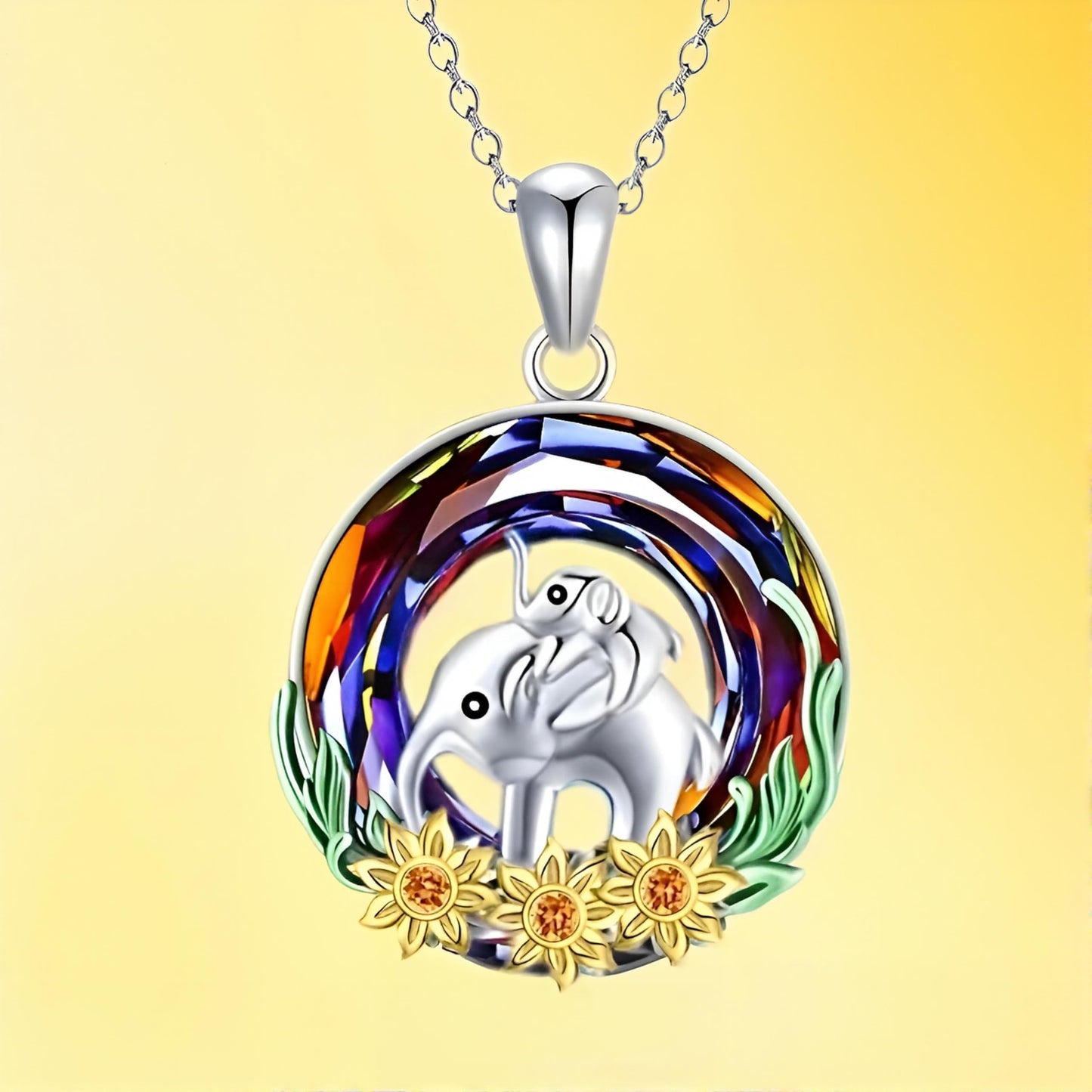 Stainless Steel Animal Pendant Necklace Set, Elephant with Sunflower, Hummingbird, Cat Design, Multi-Color Crystal (Elephant)