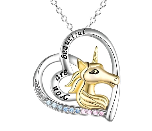 SUPAC Gold Unicorn Festive Heart-Shaped Necklace- 'you are beautiful' Charming Gift for Unicorn Lovers