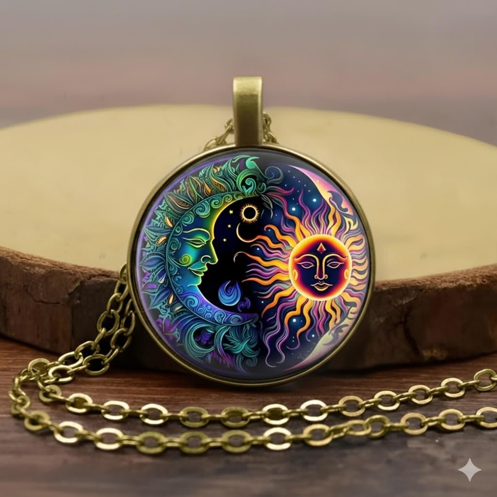 Celestial Sun and Moon Pendant Necklace, 17.7 inch Chain, Colorful Mystical Design (Bronze Chain)