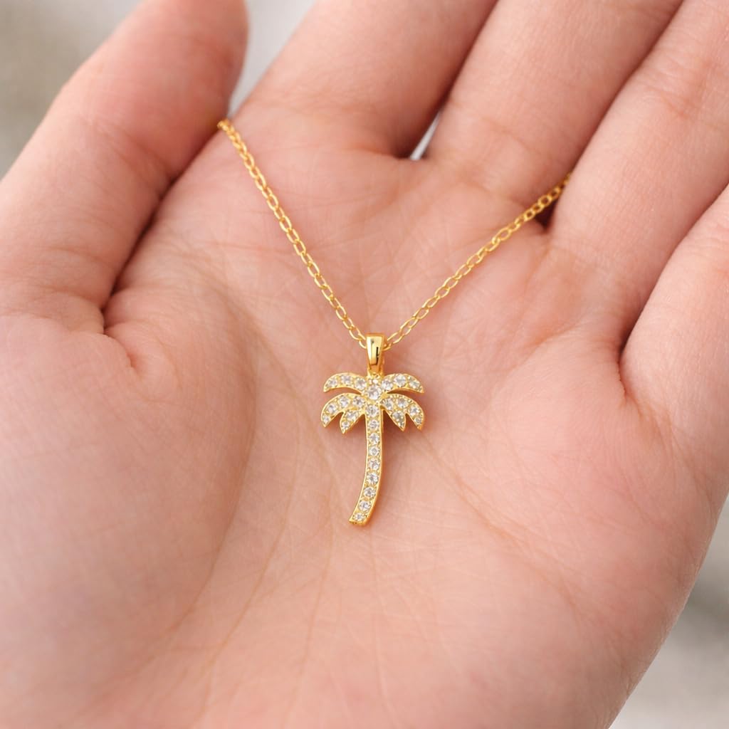 SUPAC Crystal Palm Tree Pendant Necklace, 18.7 Inch Gold Chain, Rhinestone Tropical Charm
