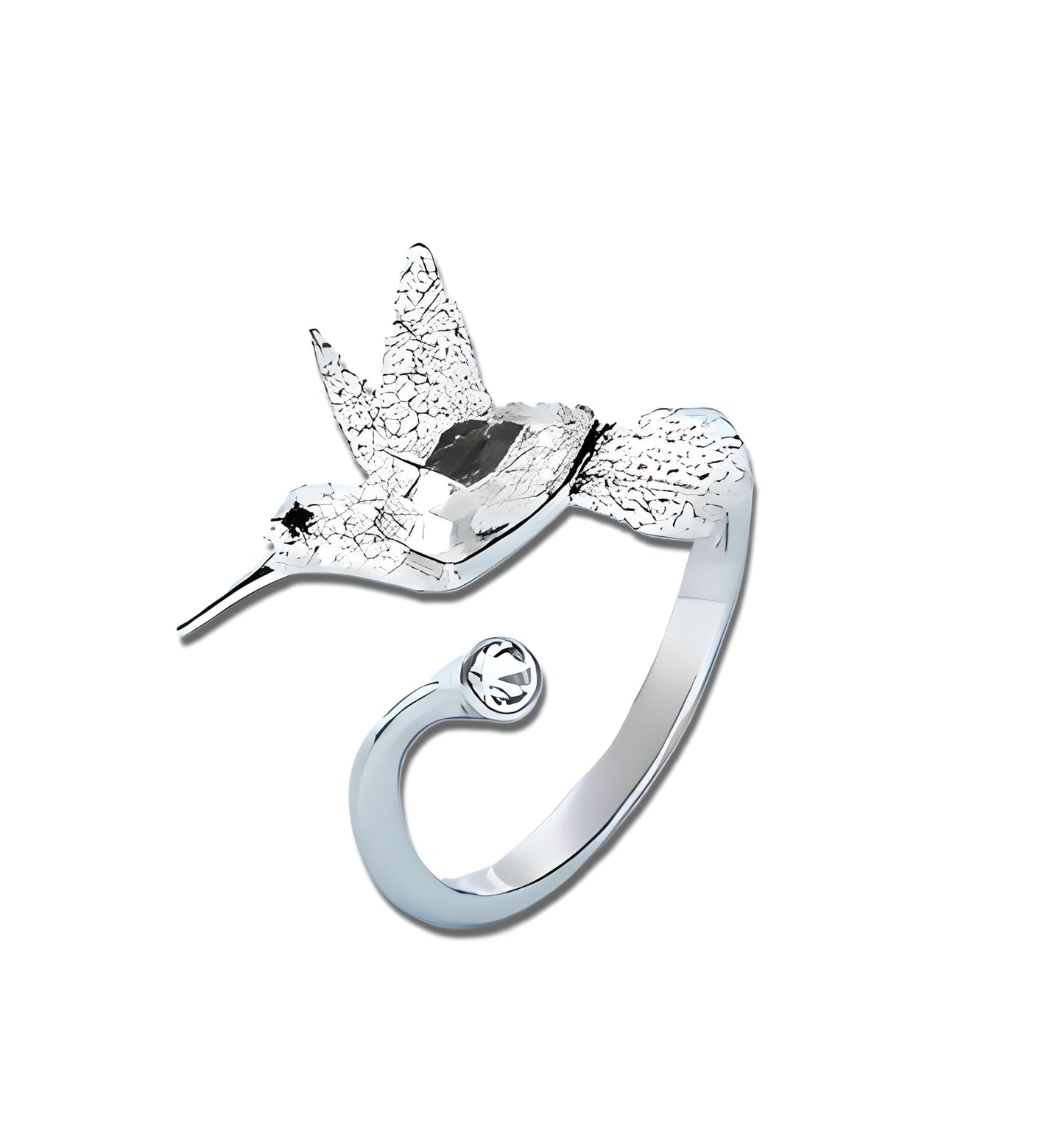 Sterling Silver Hummingbird Ring with Enamel Flowers, Adjustable, Turquoise and Purple
