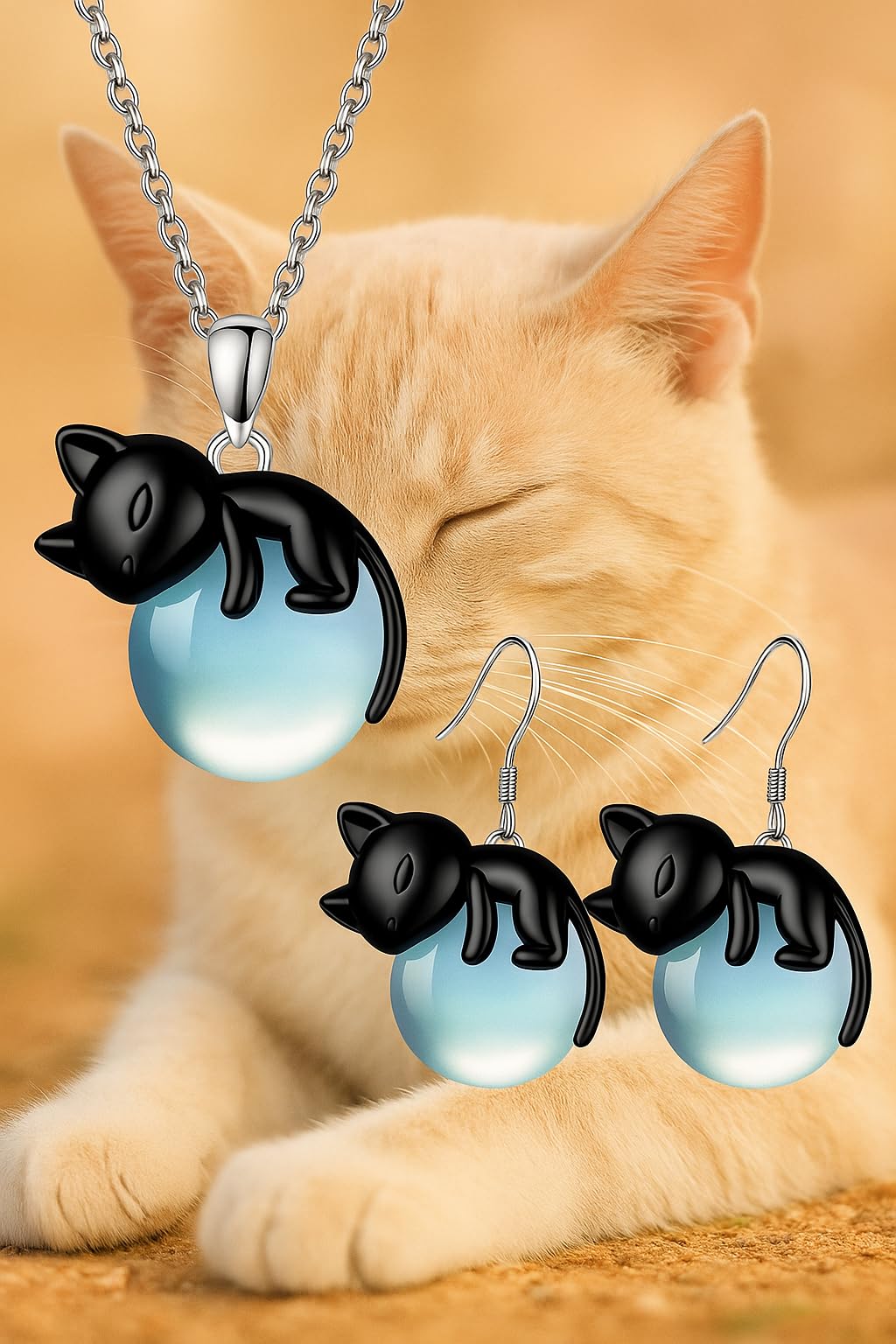 SUPAC Black Cat Jewelry Set – Glowing Blue Orb Necklace and Matching Earrings – Gift for Cat Lovers
