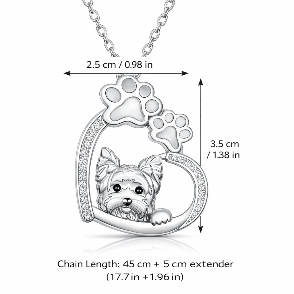 SUPAC Yorkie Dog Necklace with Heart and Paw Print Design, Silver Stainless Steel with Cubic Zirconia, 17.7 Inch Chain