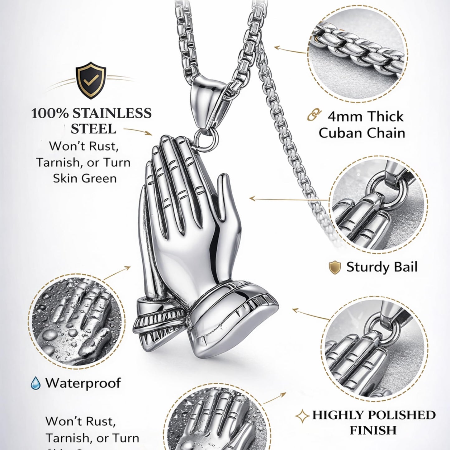 Exquisite Silver Prayer Hands Necklace - A Symbol of Faith, Elegance, and Spiritual Connection - 1pc Prayer Hands Stainless Steel Chain Pendant