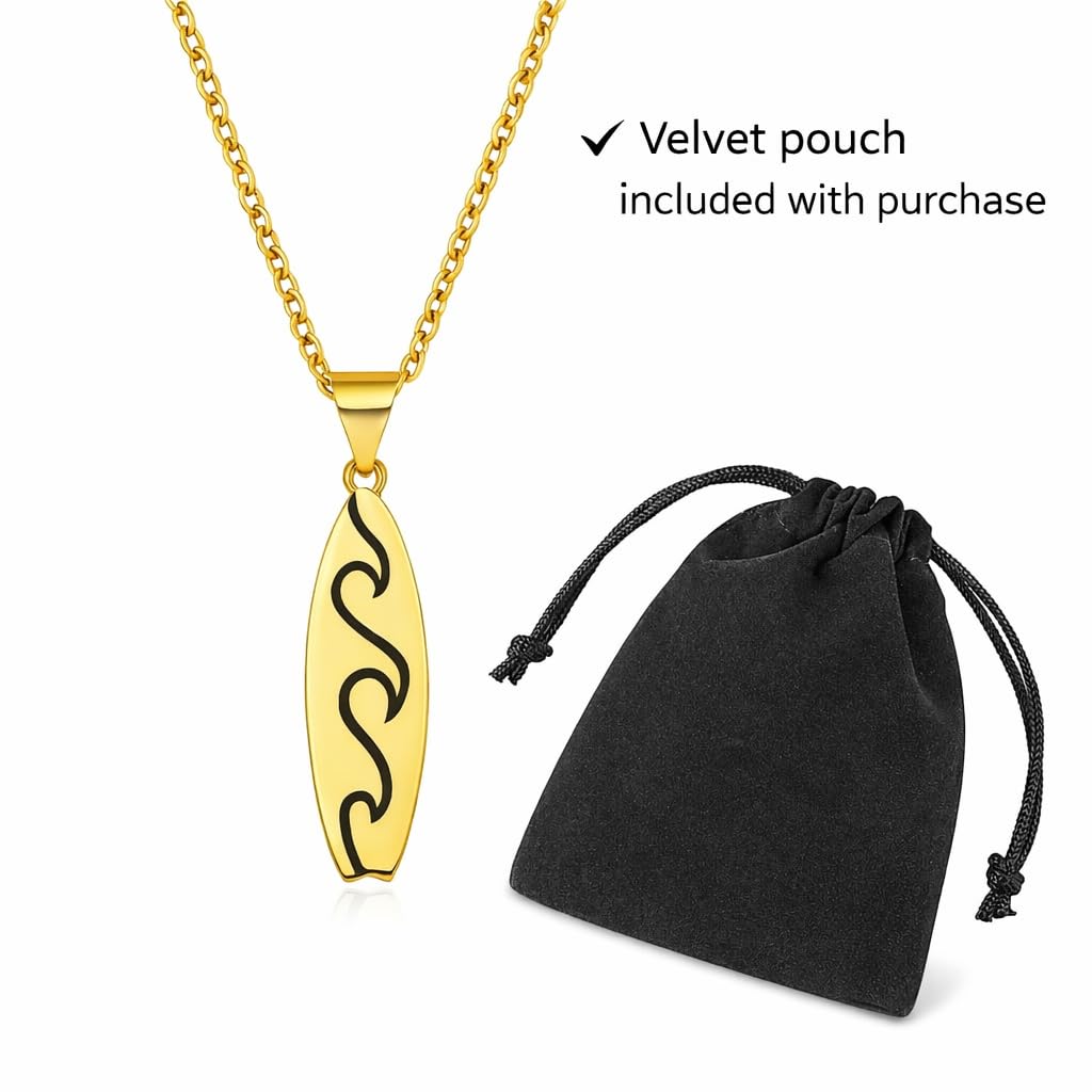 SUPAC Gold Surfboard Wave Pendant Necklace, 16.5 inch Chain with 2 inch Extension, Wave Design