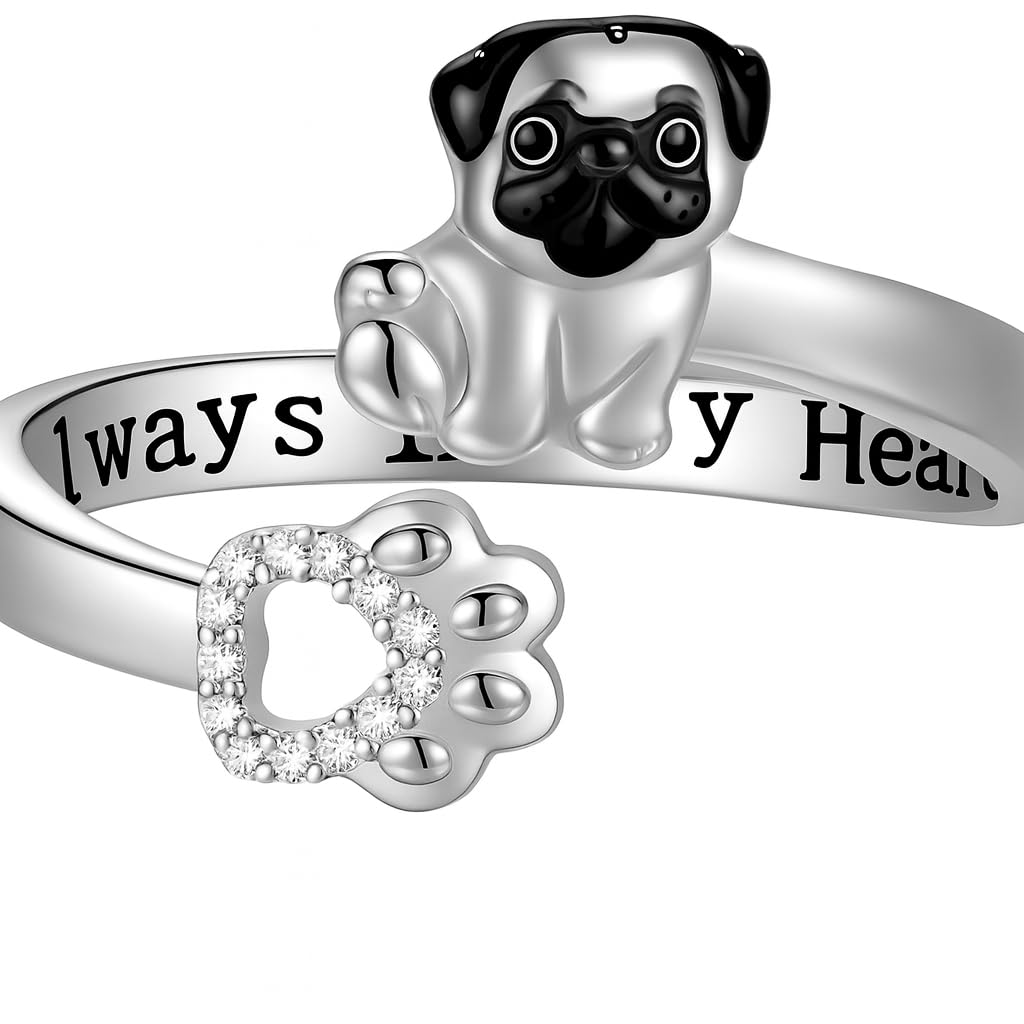 SUPAC German Shepherd, Yorkie, Pug Dog Paw Adjustable Ring, Sterling Silver, Paw Print Design with Crystal Accents - Christmas, Birthday, or Party Ring