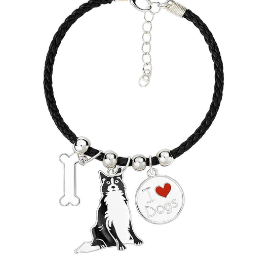 Pet Charm Bracelet with Dog Charms, Black Braided Band, I Love Dogs Design - Dog Lovers' Bracelet - Different Breeds of Dogs, Pet Lover Gift for Birthday and Holiday, Durable and Long-Lasting, Hypoallergenic and Nickel-Free, Everyday Wear (Border Collie)