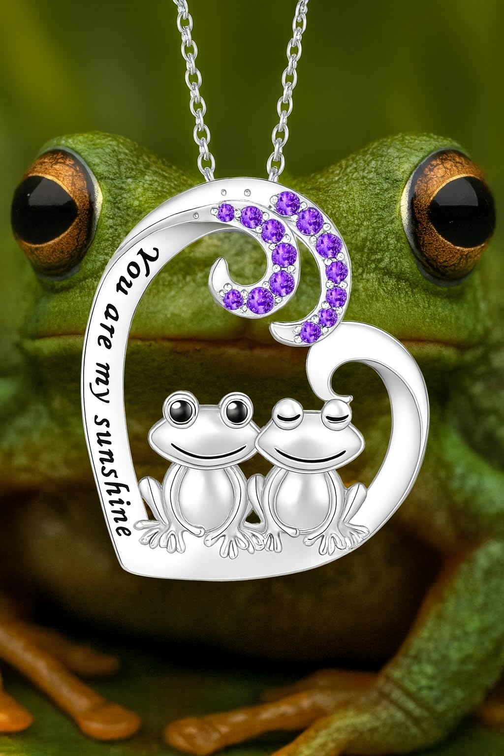 Cute Frog Couple Heart Pendant Necklace, Stainless Steel Chain 19.7 inch, Crystal Accent - Engraved 'You are my sunshine'