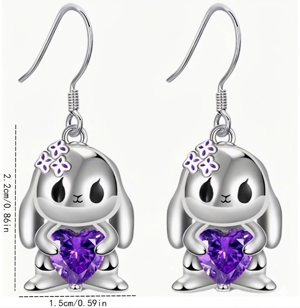 SUPAC Stainless Steel Angry Bunny Pendant Necklace with Purple Crystal Heart, 19.68 inch Chain - Silver Plated