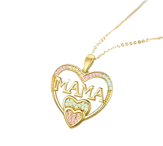 Gold Heart Shaped "MAMA" Necklace, Sparkling Stainless Steel Necklace- with Blue and Pink Simulated Diamonds, Christmas or Birthday Gift