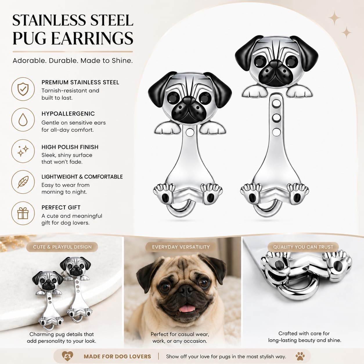 Dog Lovers' Earrings, Different Dog Breed Stud Earrings with Crystals, Rose Gold and Silver Tone - Party, Birthday, or Christmas Gift