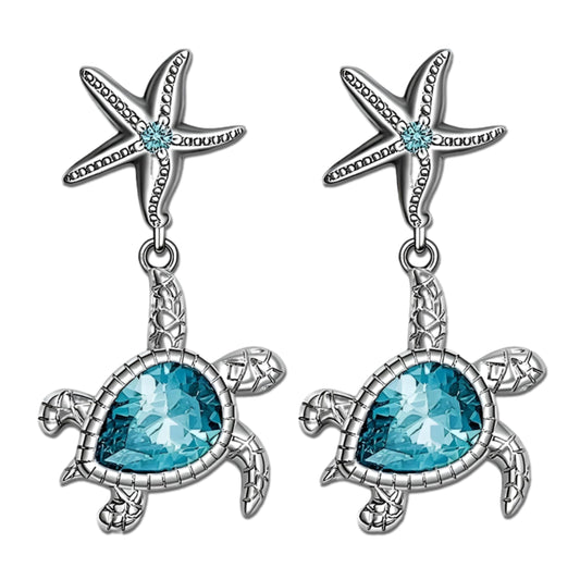 Pair of Cute Starfish and Turtle Stud Earrings - Stainless Steel Ear Needles, Man Made Rock Mosaic, Plated White K Finish, Alloy Construction