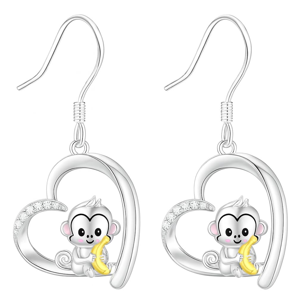 Heart-Shaped Animal Dangle Earrings, Monkey and Koala, Stainless Steel with Rhinestones, Banana Charm, Birthday or Party Gift