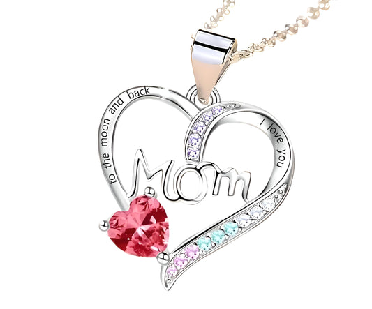 Gold Heart Shaped "MAMA" Necklace, Sparkling Stainless Steel Necklace- with Blue and Pink Simulated Diamonds, Christmas or Birthday Gift (Red Heart)