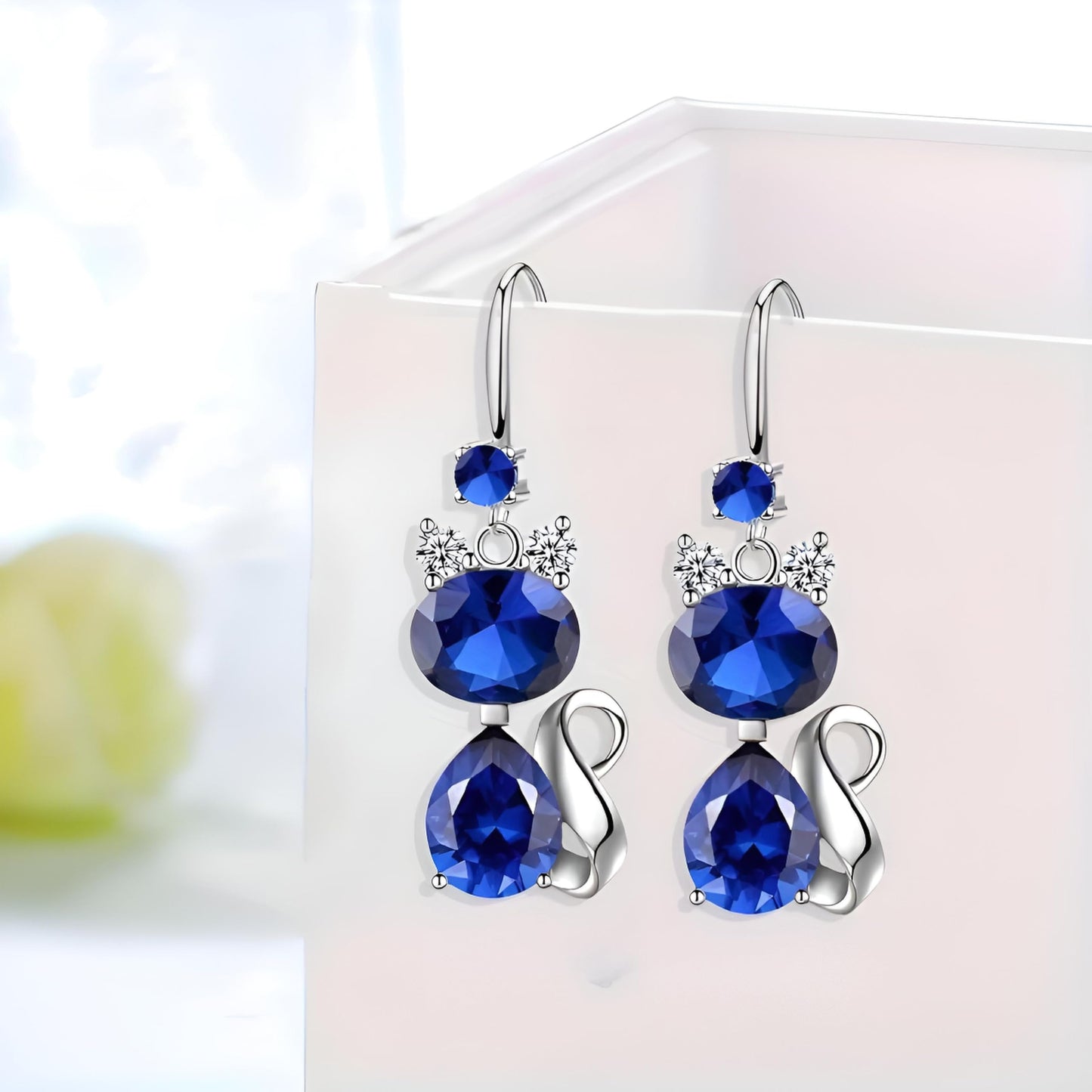 Crystal Cat Drop Earrings with Cubic Zirconia, Stainless Steel, Pink Blue Green Purple White Colors Available, 1.2cm Length
