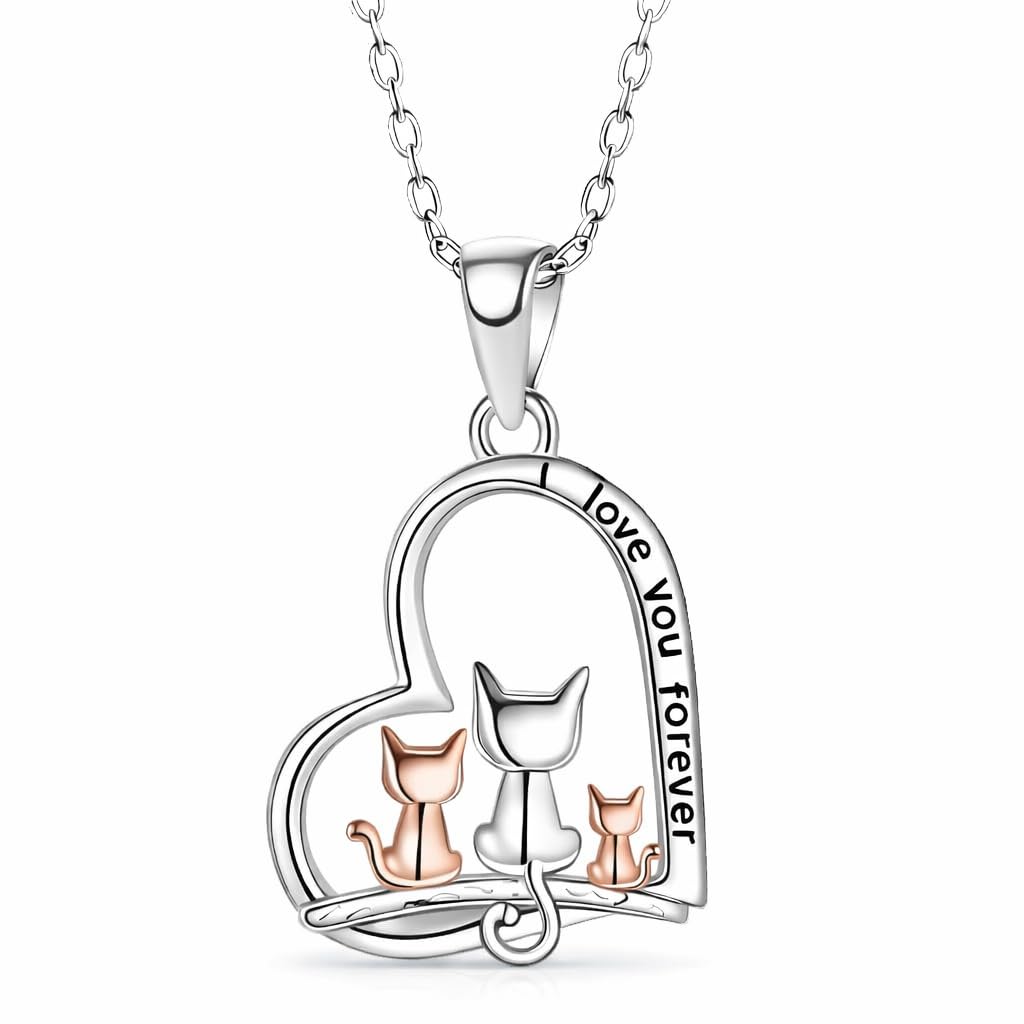 SUPAC Cute Cat Heart Necklace, Sitting Together - Charming Heart Necklace in Rose Gold - Stylish Versatile Gift for Women & Party Accessory! (3 CATS)