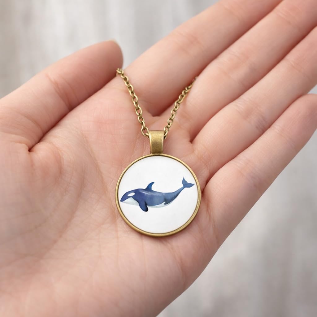 SUPAC Orca Whale Pendant Necklace, Bronze Plated Stainless Steel, Round Glass Cabochon, Hypoallergenic, Shamu Gift - Water Resistant, 19.7 Inch Chain