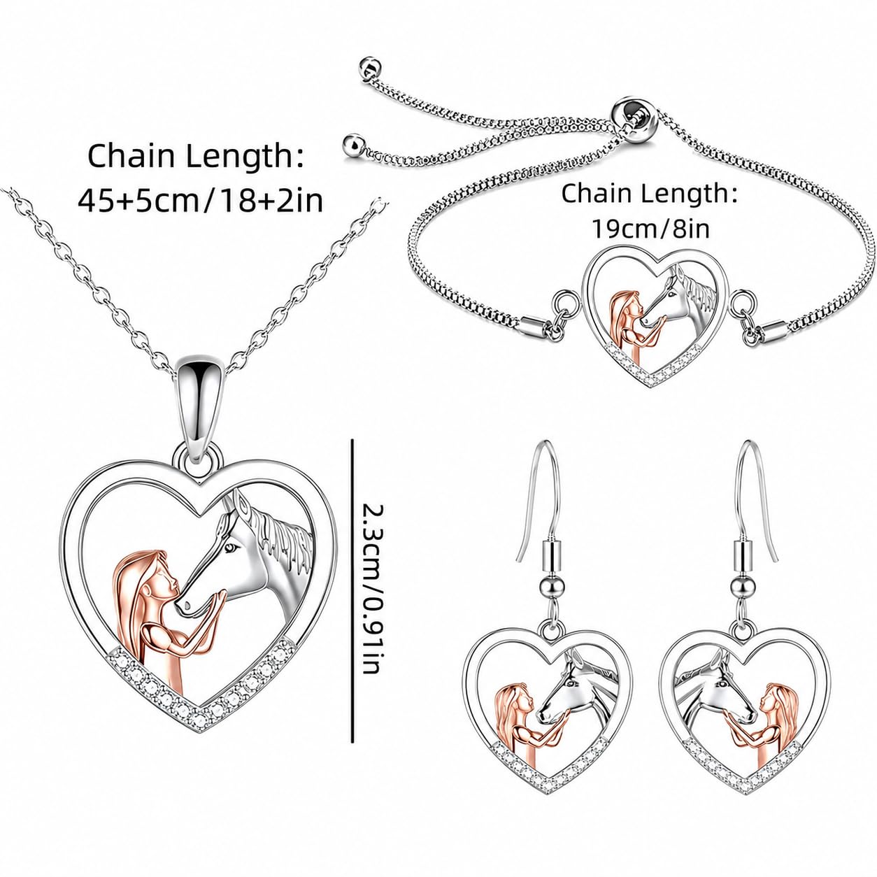 SUPAC Heart-Shaped Horse Jewelry Set, Silver and Rose Gold, Necklace and Earrings with Crystal Accents, 18+2 inch Chain