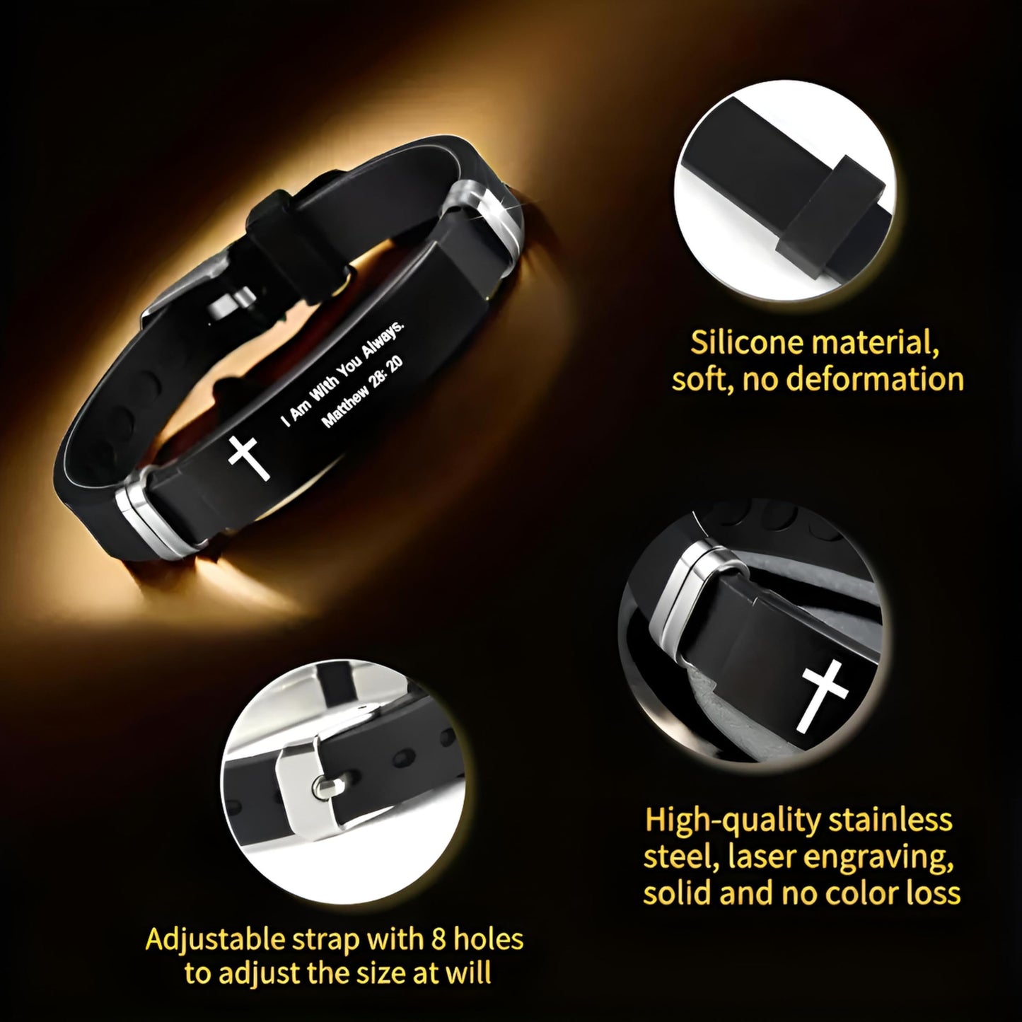 Christian Cross Bracelet with Proverbs 3:5, Phillipians 4:13, Matthew 19:26, Isaiah 41:10, Luke 1:37, Matthew 28:20 Scripture, Black Silicone Adjustable Watch Band, 9.05 inch Length