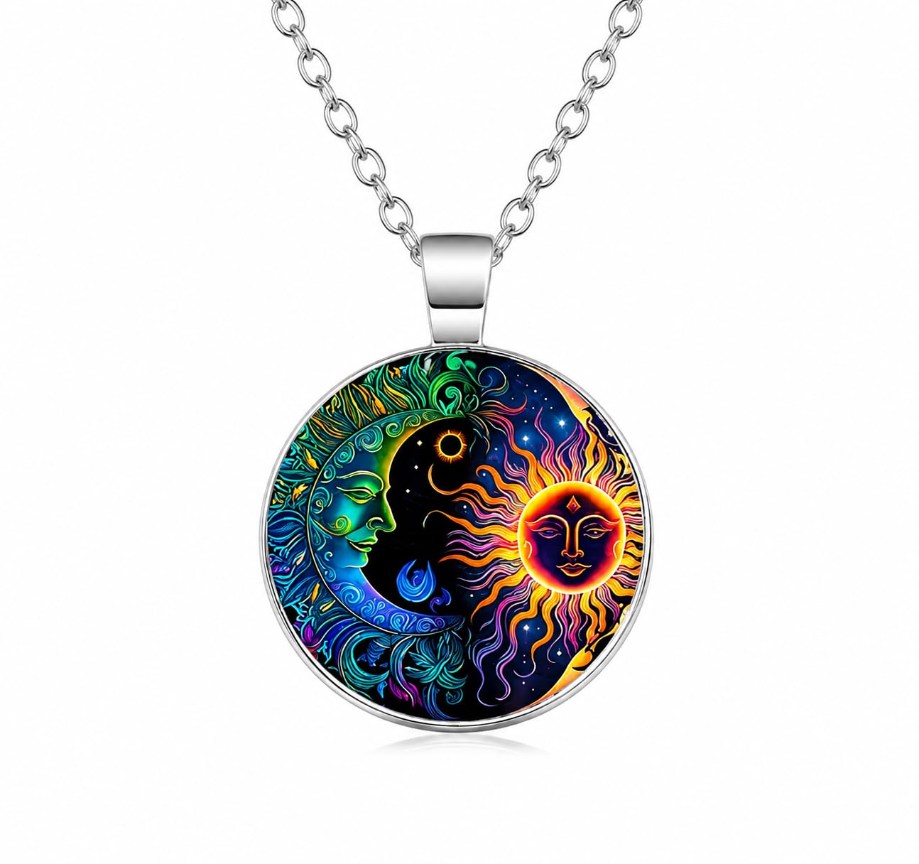 1pc Stunning Round Pendant Necklace - Unique Sun & Moon Pattern, Oil Painting Style Glass Mosaic, Alloy Construction, Trendy Sweater Chain, Fashionable Gift for Women - Christmas or Birthday Gift