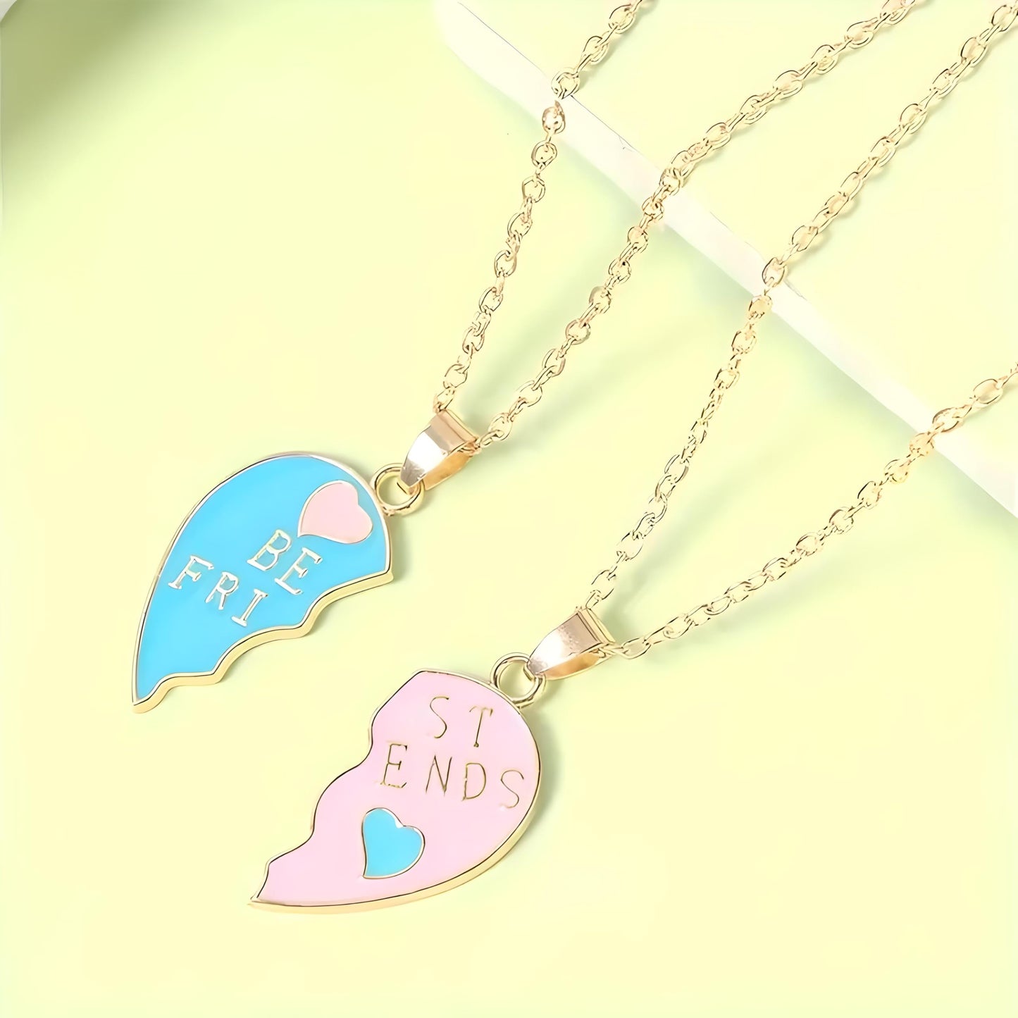 Best Friends Split Heart Pendant Necklaces, Pink and Blue Enamel, 2 Piece Set Gold or Silver Options - Gift for Best Friends