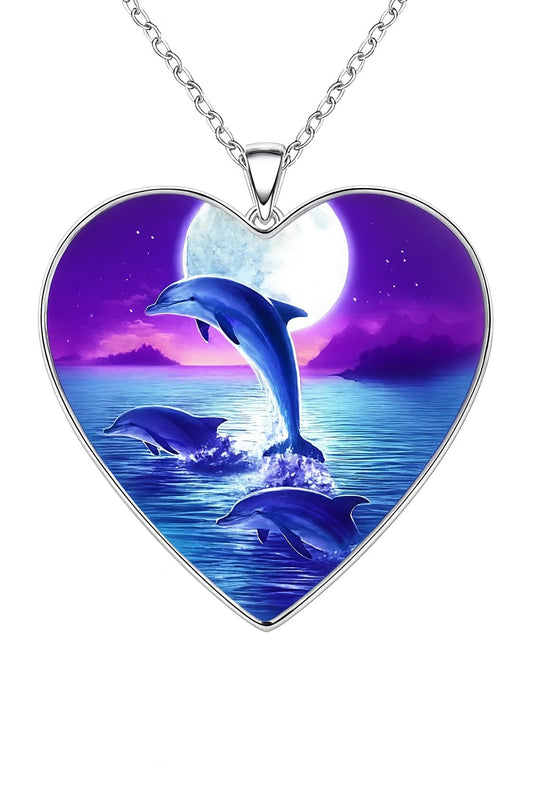 SUPAC Dolphins Jumping in the Ocean Heart Pendant Necklace, Ocean Scene with Stainless Steel Necklace - Holiday, Christmas, or Birthday Gift