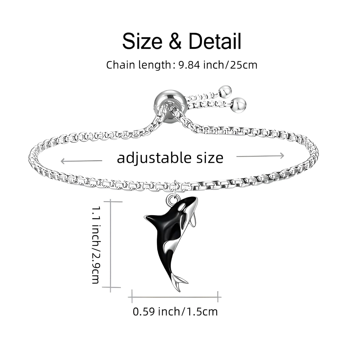 Orca Killer Whale Jewelry Set with Necklace, Earrings, Bracelet and Keychain, Black and Silver - Shamu Gift