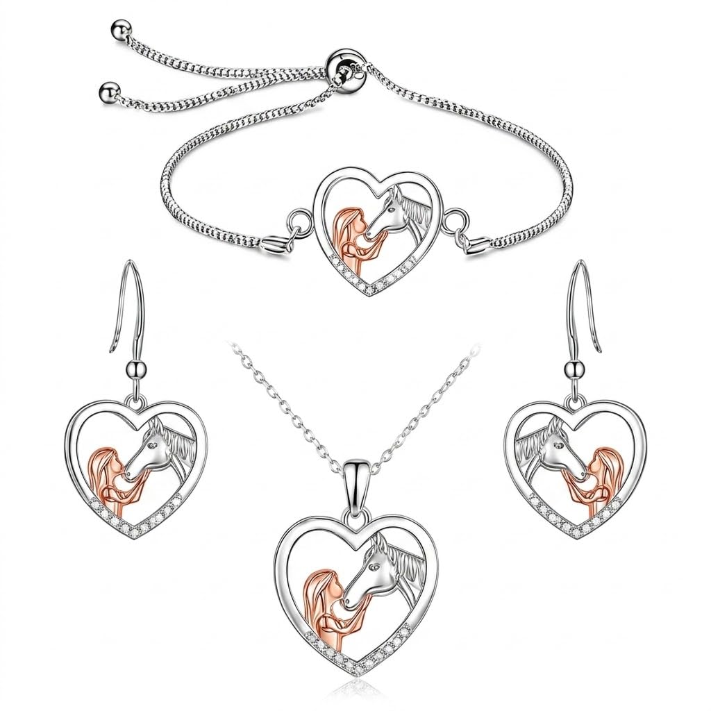 SUPAC Heart-Shaped Horse Jewelry Set, Silver and Rose Gold, Necklace and Earrings with Crystal Accents, 18+2 inch Chain