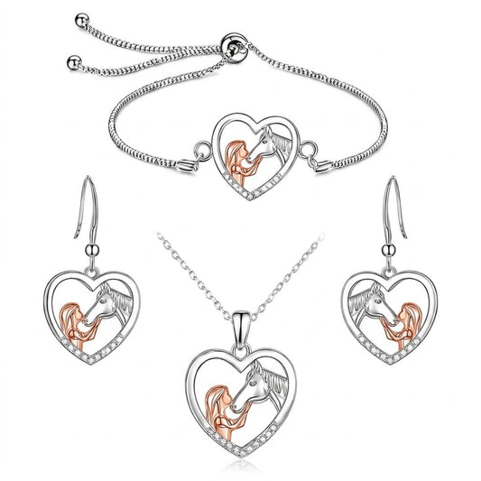 SUPAC Heart-Shaped Horse Jewelry Set, Silver and Rose Gold, Necklace and Earrings with Crystal Accents, 18+2 inch Chain