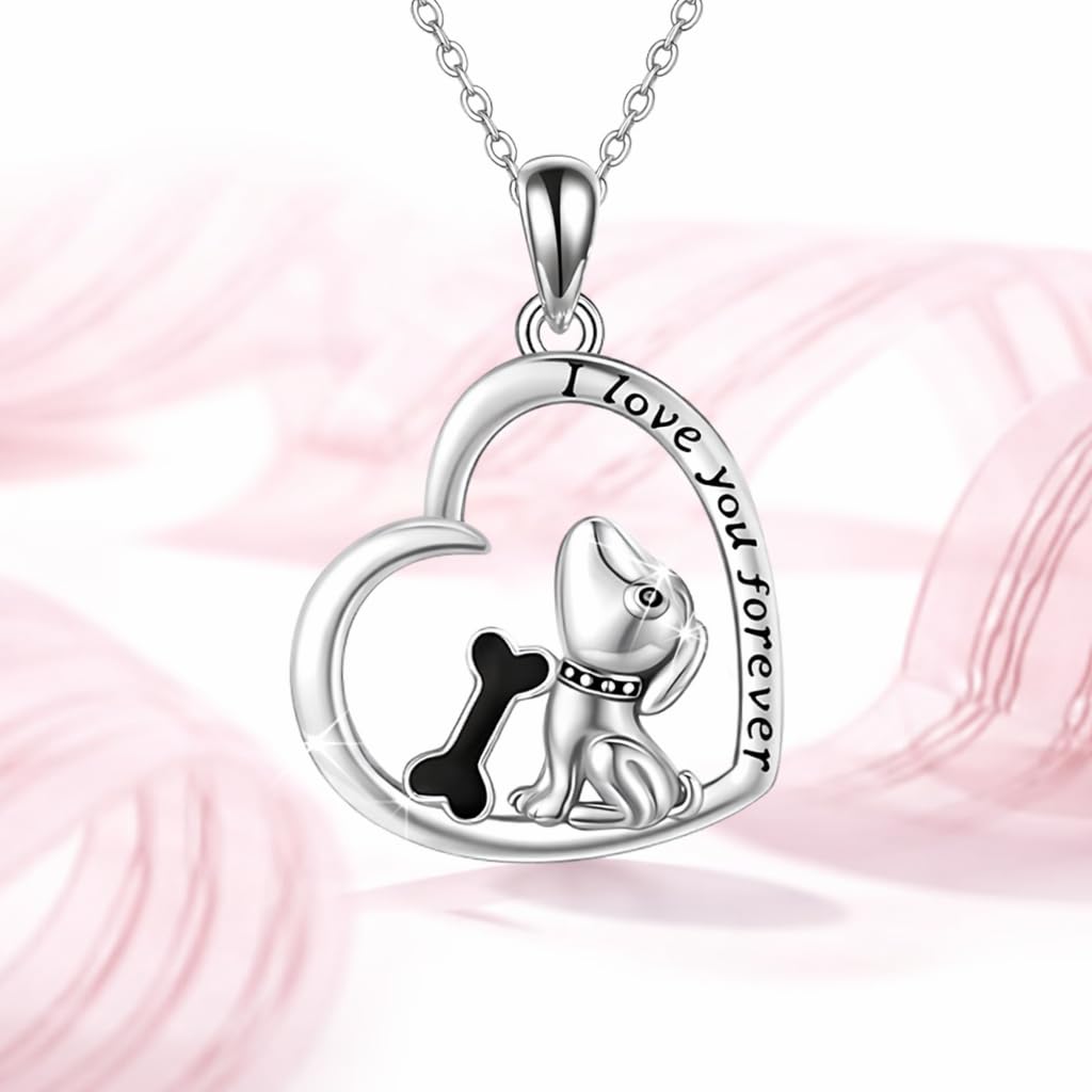 SUPAC Dog Breeds Necklace, German Shepherd, Labrador Retriever, Heart Pendant Necklace, Black and Gold, Crystal Paw Print Design, Dog Lovers Gift