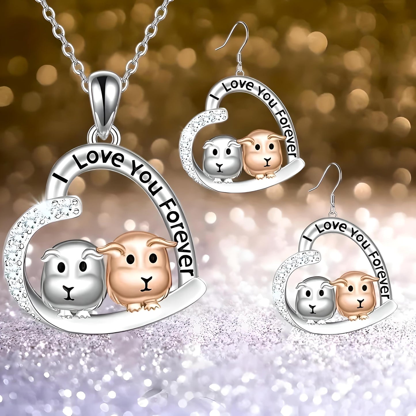 Love You Forever Guinea Pig Heart Necklace, Sterling Silver with Crystals - Christmas, Party, and Birthday Gift