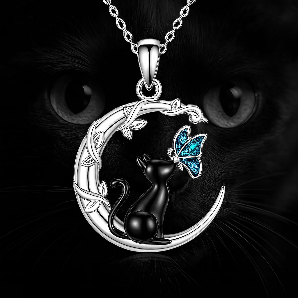 SUPAC Black Cat Reaching for the Moon Necklace, Butterfly Necklace - Crystal Moonstone Pendant, Silver Chain - Gift