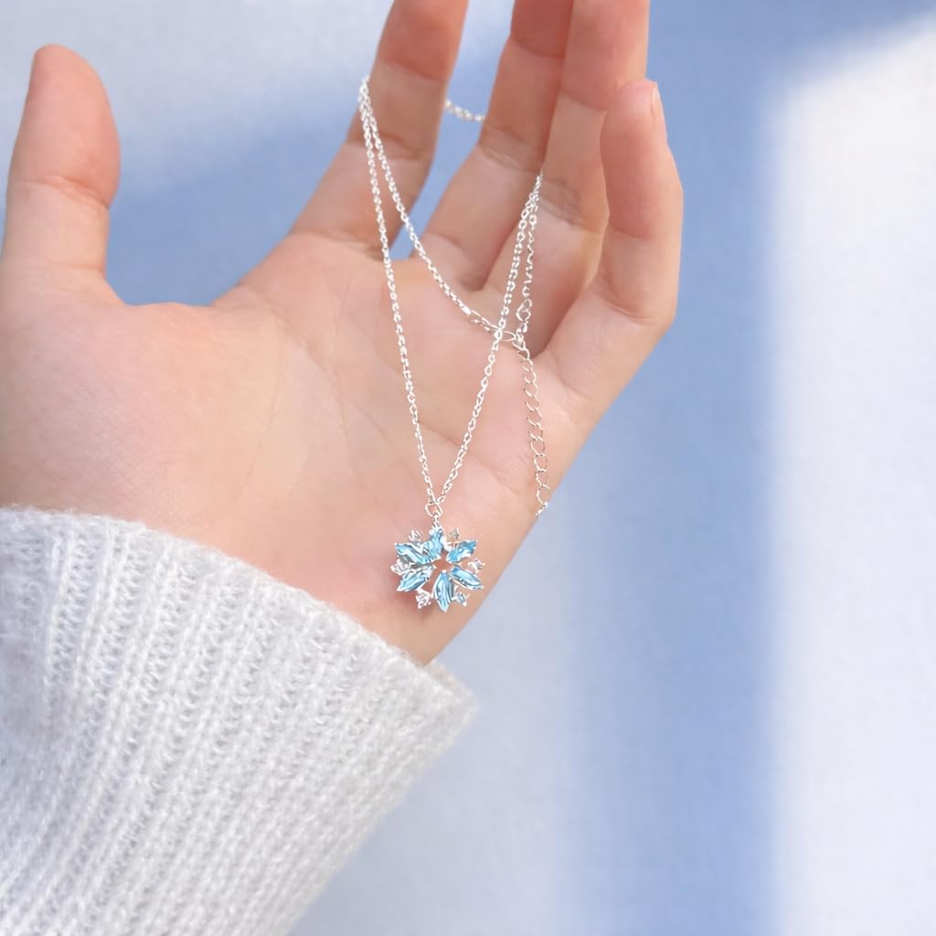SUPAC Glitter Sky Blue Rhinestone Snowflake Pendant Necklace, Niche Design, Casual Wear, Christmas Gift