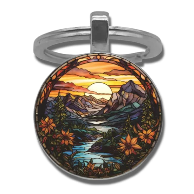 Mountain Sunset Stained Glass Art Keychain, Nature Scene Design, Round Pendant (Flowing River)