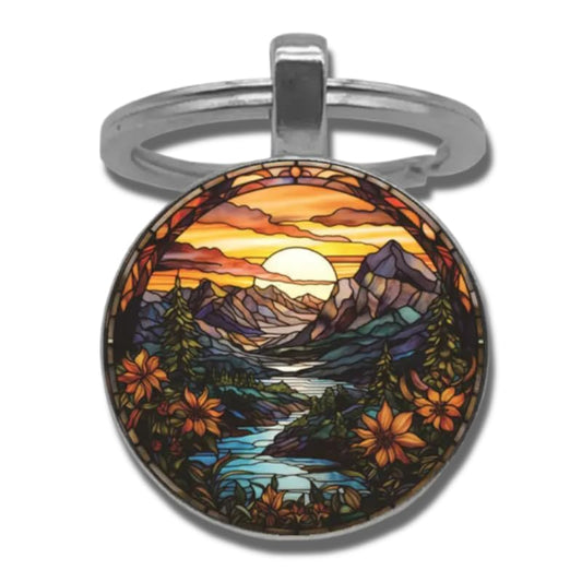 Mountain Sunset Stained Glass Art Keychain, Nature Scene Design, Round Pendant (Flowing River)