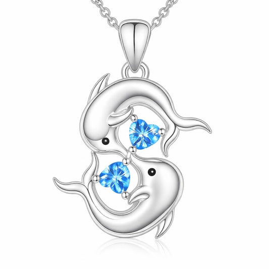 Stainless Steel Double Dolphin Pendant Necklace with Blue Crystal Hearts, Ocean Theme Jewelry