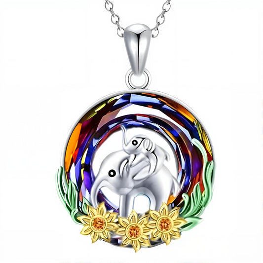 Stainless Steel Animal Pendant Necklace Set, Elephant with Sunflower, Hummingbird, Cat Design, Multi-Color Crystal