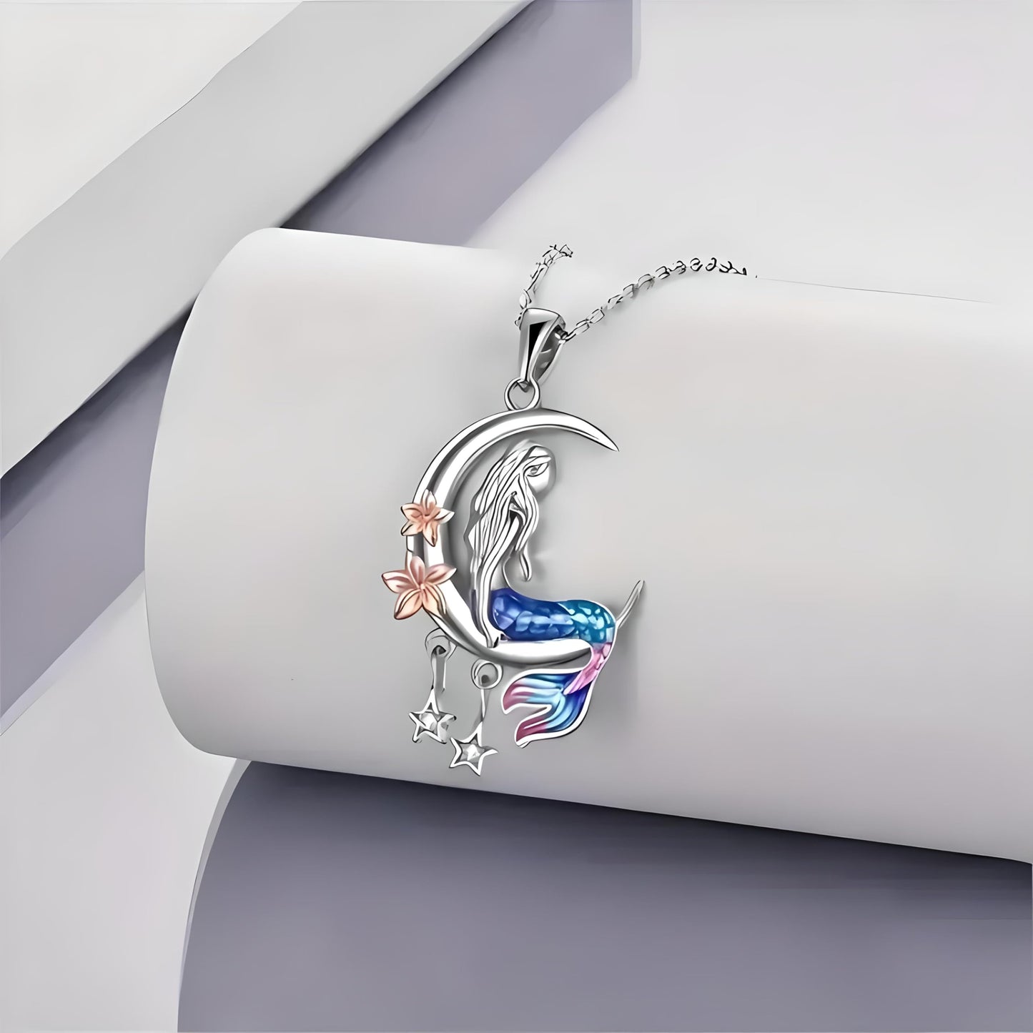 Mermaid Moon Jewelry Set, Stainless Steel, 4-Piece with Necklace, Bracelet, Earrings and Ring, Blue and Pink - Mermaid Gift