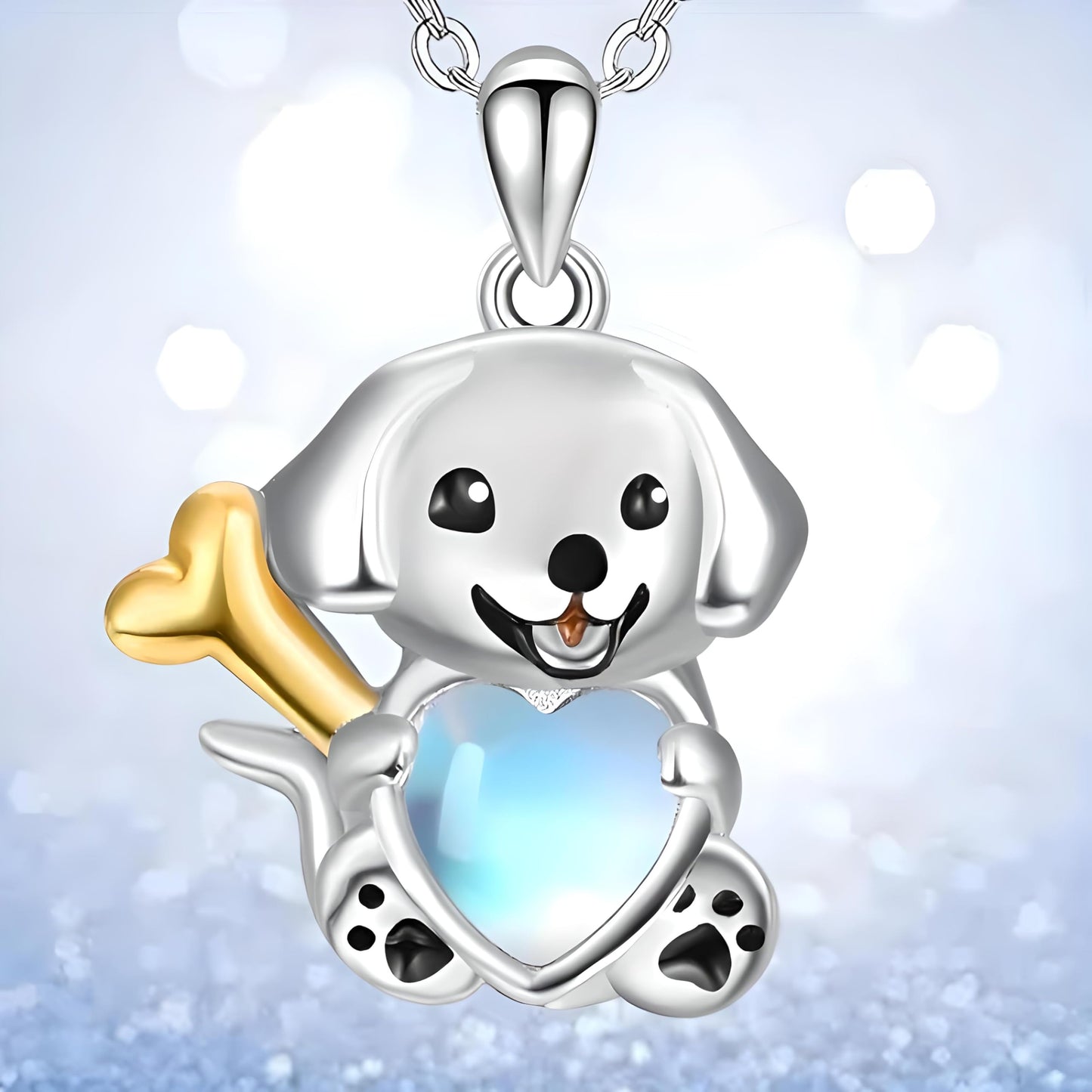 Cute Puppy Pendant Necklace with Blue Heart and Gold Bone, 17.7 inch Chain, Silver