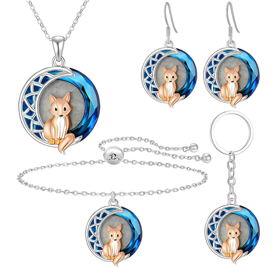 SUPAC Fox Pendant Jewelry Set, Silver Chain Necklace and Earrings, Blue Crystal Moon Design - Fox Jewelry Gift
