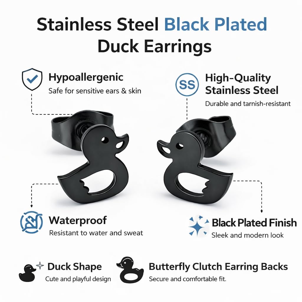Cute Duck Stud Earrings, Gold Plated, Small Size - Gold, Silver, Black Options - Gift For Duck Lovers'