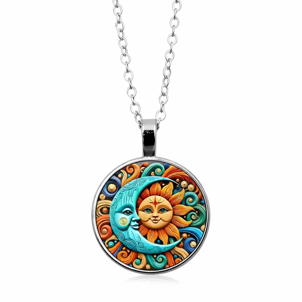 1pc Stunning Round Pendant Necklace - Unique Sun & Moon Pattern, Oil Painting Style Glass Mosaic, Alloy Construction, Trendy Sweater Chain, Fashionable Gift for Women - Christmas or Birthday Gift