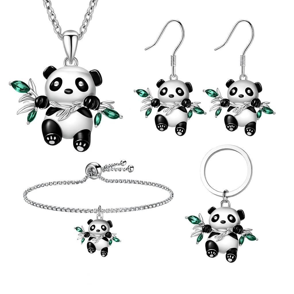 SUPAC Panda Jewelry Set with Necklace, Earrings, Bracelet and Keychain, Silver with Green Crystal Bamboo Leaves