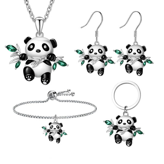 SUPAC Panda Jewelry Set with Necklace, Earrings, Bracelet and Keychain, Silver with Green Crystal Bamboo Leaves
