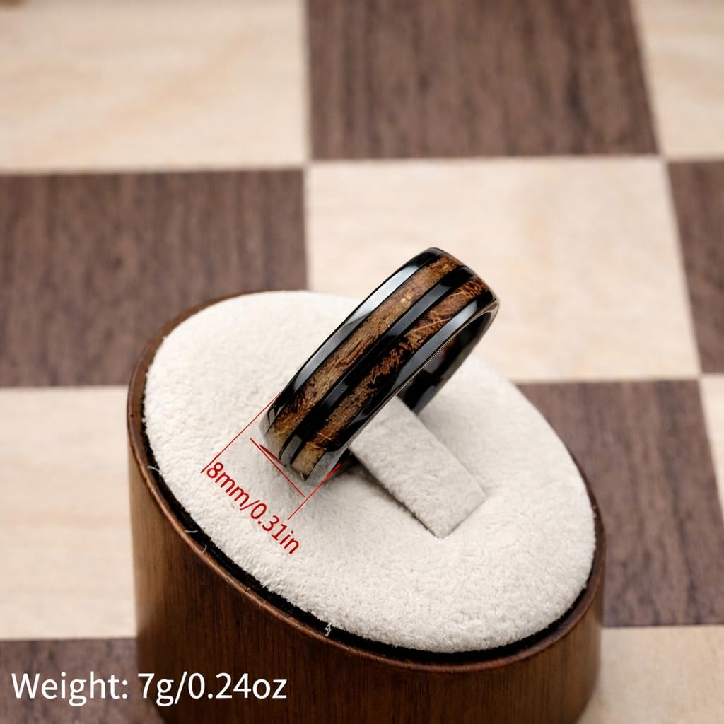 SUPAC 1pc Men's Trendy Stainless Steel Gray Whiskey Barrel Wooden Inlaid Wedding Ring - Suitable For Any Commitment Or Engagement size 7-13 (7), Brown, Black